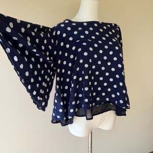 Isla Maude Anthropologie Navy Blue Polka Dot Bell Sleeve Blouse